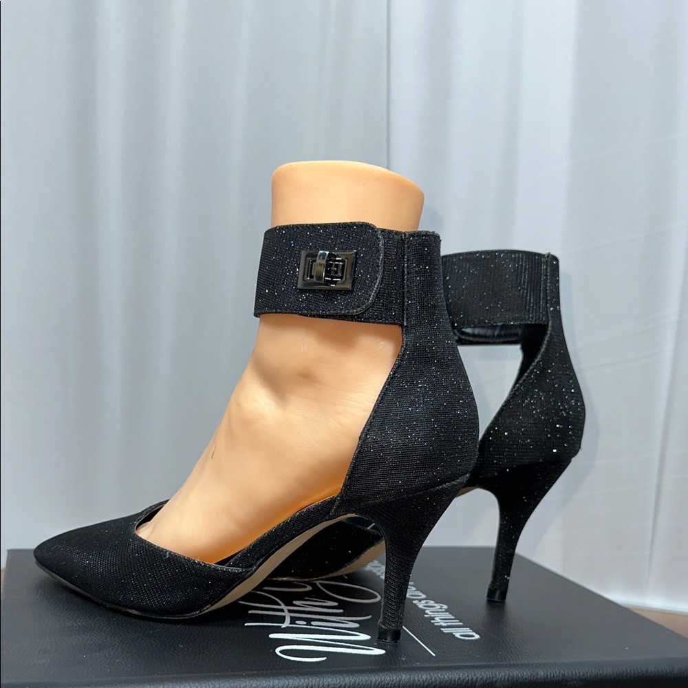 Nicole Miller Black Glitter Pointed Ankle-Strap Heels